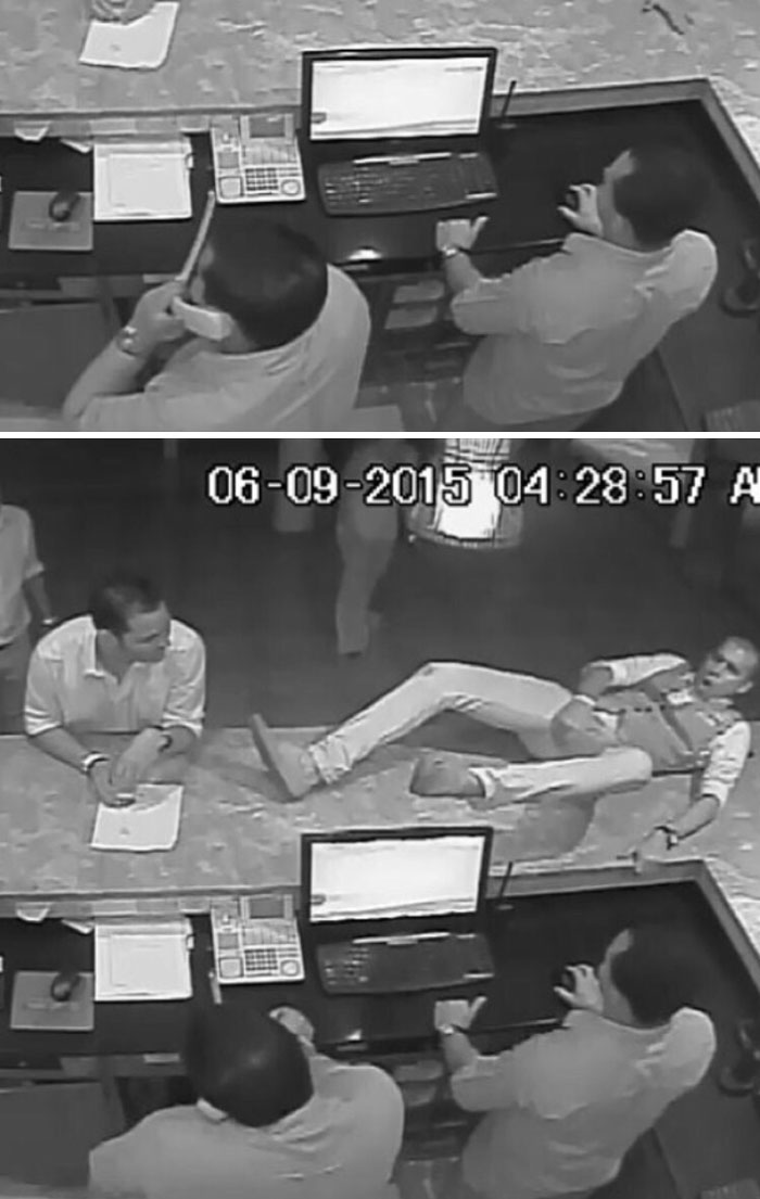 Security guards monitoring weird camera footage on screens, capturing unusual events for review.