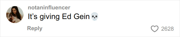 Screenshot of a social media comment mentioning Ed Gein with a skull emoji, relating to skull in man's car story.