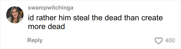 Comment expressing preference for theft over creating more dead, related to skull in man's car and chilling house discovery.