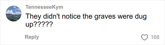 Comment on social media post questioning the unnoticed dug-up graves, related to skull in man's car and chilling house discovery.
