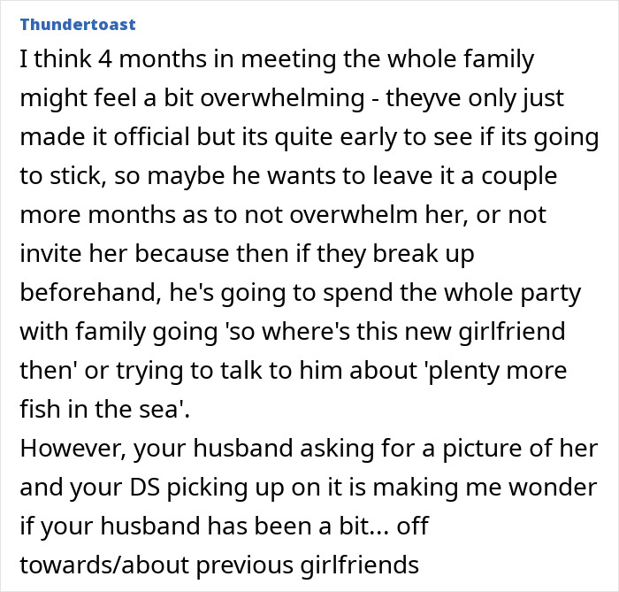 Mom invites son's girlfriend to dad's party, son reacts conflicted over timing and family dynamics. Mom invites son's girlfriend to dad's party, son reacts conflicted over timing and family dynamics.