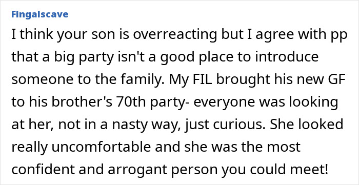 Comment discussing son's reaction to mom inviting son's girlfriend to dad’s party seen in a forum post. Comment discussing son's reaction to mom inviting son's girlfriend to dad’s party seen in a forum post.