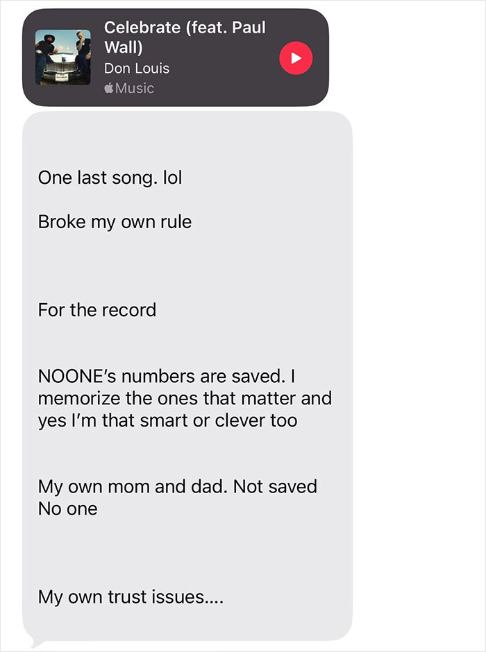 Text message about trust issues and memorizing important numbers, with a music player for Celebrate by Don Louis, related to strange guy relationship bar.