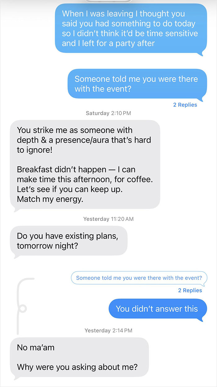 Text message conversation highlighting a strange guy relationship bar with unclear intentions and mixed communication.