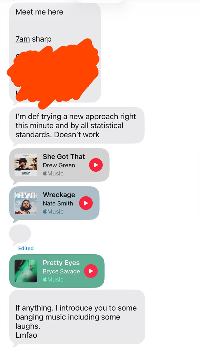 Text message conversation showing a strange guy sharing music links and discussing a new relationship approach in a bar.