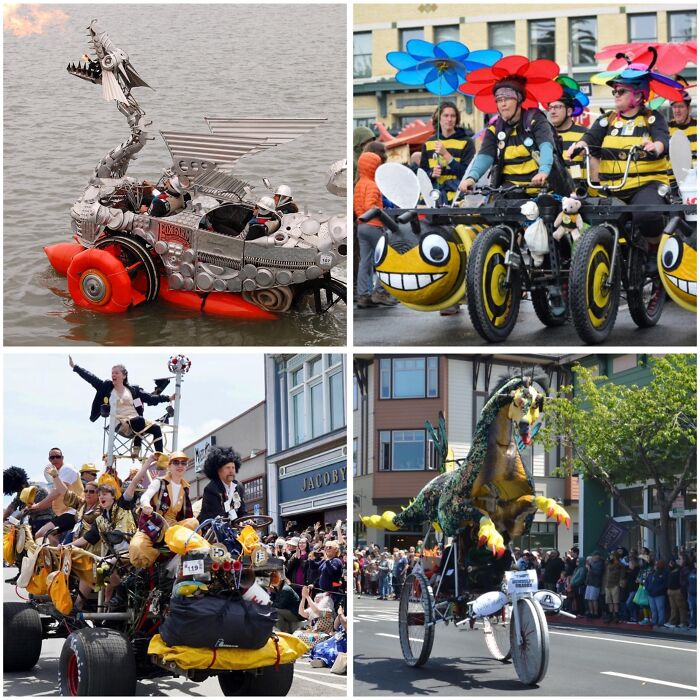 Four unusual parade floats and costumes showcasing strange traditions from around the world during a lively street festival.