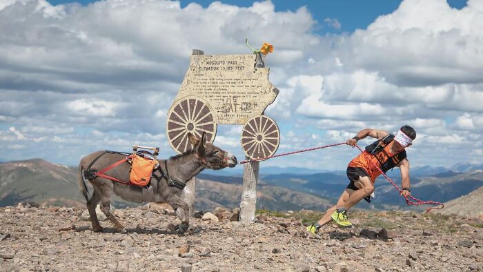 A man participates in a strange tradition pulling a donkey on a rocky mountain terrain under cloudy sky.