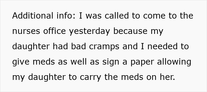 Text excerpt showing a mom called to the nurse’s office due to daughter’s cramps and medication authorization request. Text excerpt showing a mom called to the nurse’s office due to daughter’s cramps and medication authorization request.