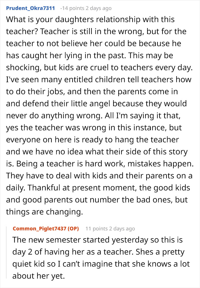 Comments discussing a mother’s rage after a teacher ignores her daughter’s emergency in a school setting.