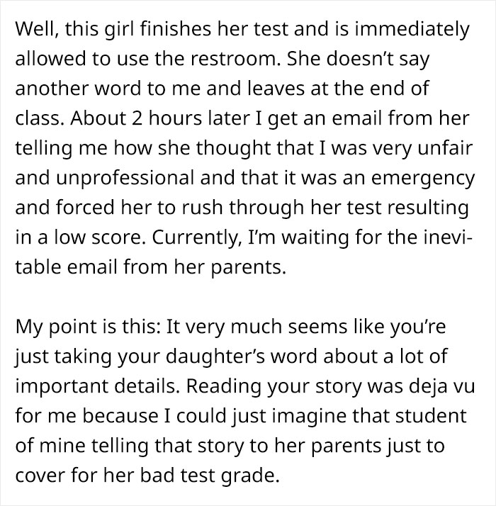 Text excerpt showing a mom’s frustration after teacher ignores daughter's emergency during test, awaiting parents’ email.