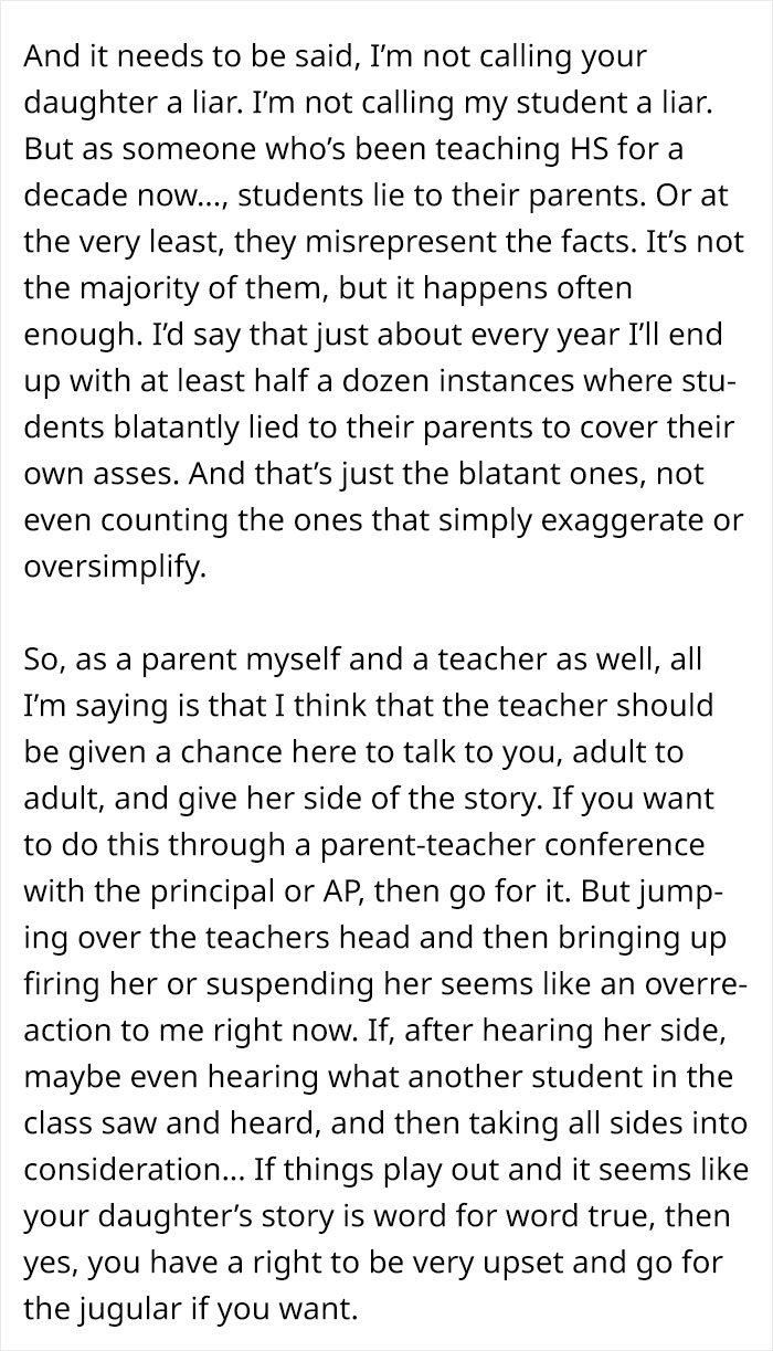 Text excerpt discussing a teacher’s perspective on students lying and a parent-teacher conflict over an emergency. Text excerpt discussing a teacher’s perspective on students lying and a parent-teacher conflict over an emergency.