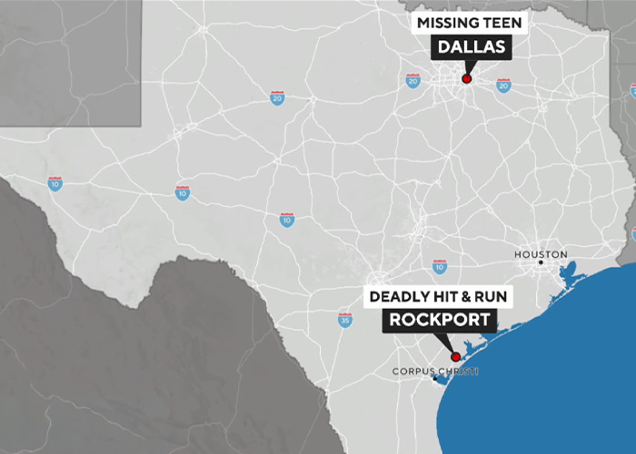 Closure — Texas map showing Dallas missing teen and Rockport deadly hit-and-run locations Closure — Texas map showing Dallas missing teen and Rockport deadly hit-and-run locations