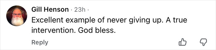 Closure social media comment praising perseverance and faith, bearded profile photo next to text about never giving up Closure social media comment praising perseverance and faith, bearded profile photo next to text about never giving up