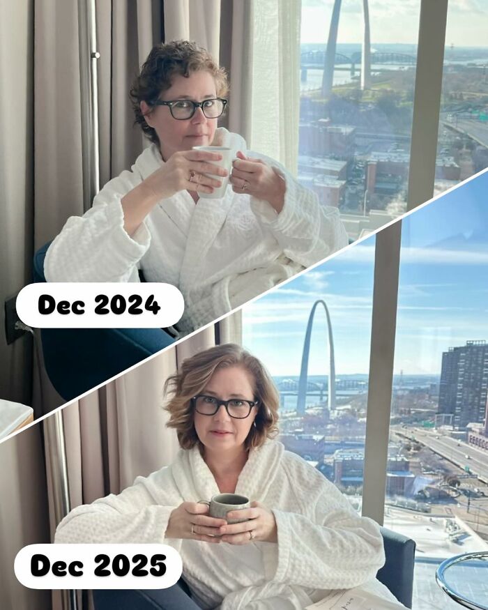 Woman in glasses wearing a white robe, holding a mug, sitting by a window with a city view in two different years.