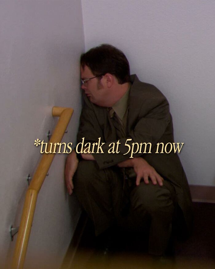 Man in office attire crouching in a corner with text about it turning dark, a meme inspired by The Office TV series.