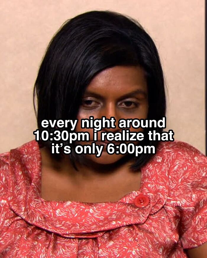 Woman from The Office in a red patterned shirt with a tired expression, meme about time confusion and office humor.