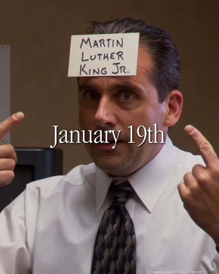 Man from The Office with a note saying Martin Luther King Jr. on his forehead in a popular meme inspired by the TV series.