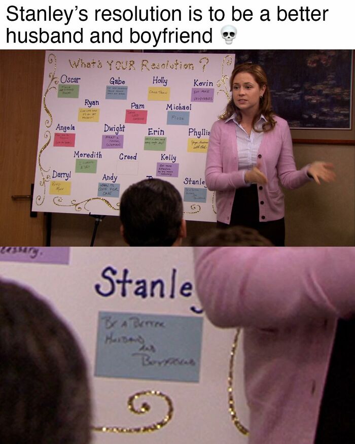 Scene from The Office showing a character presenting a resolution board with various characters' goals for the new year.