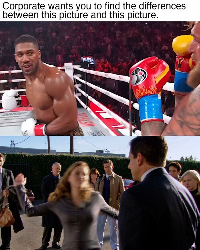 Boxing match and a scene from The Office TV series used in a meme inspired by The Office people laughing at.