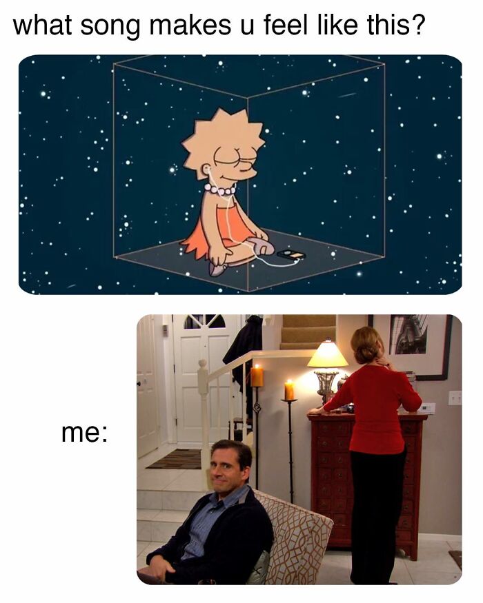 Cartoon character meditating in a box paired with a scene from The Office showing a character sitting and another standing.