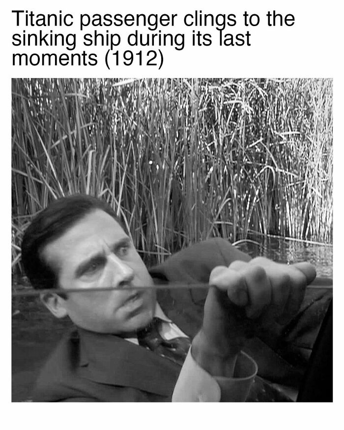Michael Scott from The Office struggling in water, inspired meme showing Titanic passenger clinging to sinking ship.