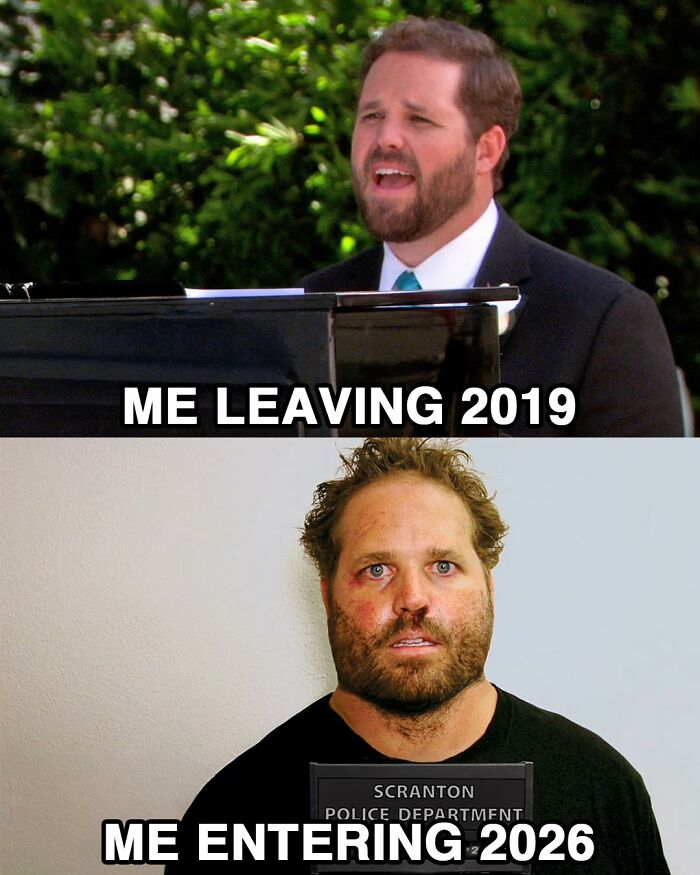 Man singing at piano in a suit contrasted with disheveled man in police mugshot, themed The Office memes.