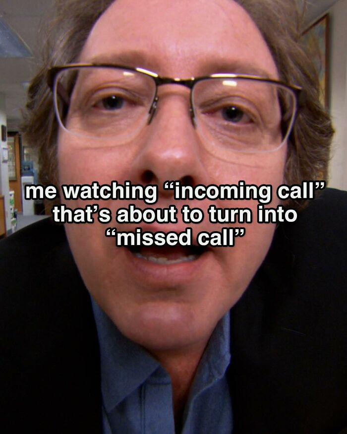 Close-up of a man mimicking a scene from The Office, captioned with a humorous meme about missed calls.