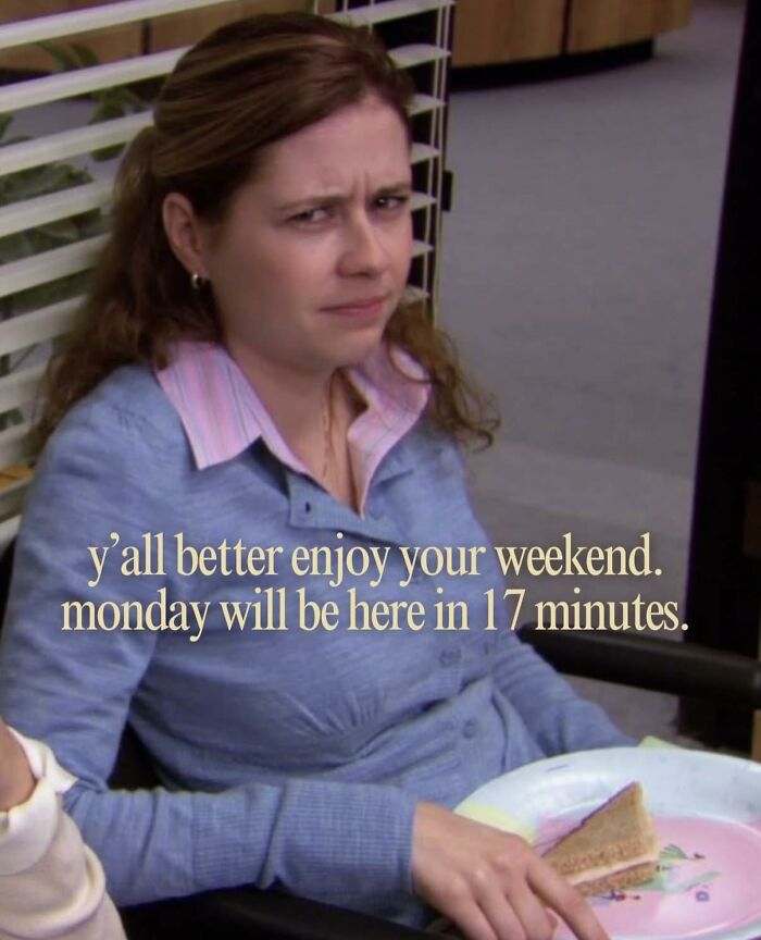 Character from The Office holding a sandwich with a sarcastic expression and a meme about Monday approaching.
