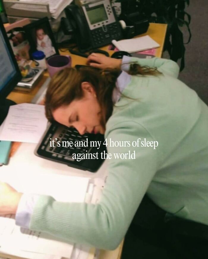 Woman from The Office asleep on keyboard at cluttered desk, meme about four hours of sleep and tiredness in office humor.