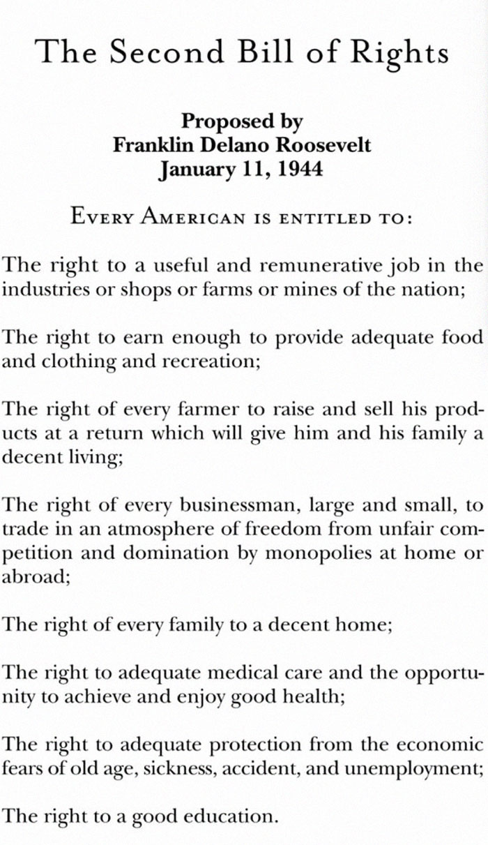 Second Bill of Rights proposed by Franklin D. Roosevelt in 1944 outlining Americans' economic and social rights in US history photos.