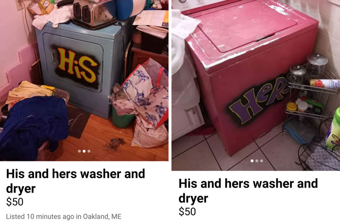 Washer and dryer labeled with gendered nonsense showing outdated his and hers design in a cluttered laundry space.