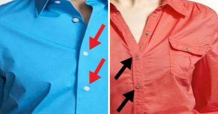 Close-up of blue and red shirts with arrows pointing to button placement highlighting gendered nonsense in clothing design.