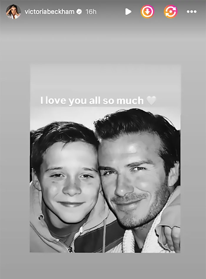 Black and white photo of Brooklyn Beckham with his father David Beckham smiling closely with text above expressing love. Black and white photo of Brooklyn Beckham with his father David Beckham smiling closely with text above expressing love.