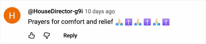 Comment expressing prayers for comfort and relief with praying hands and cross emojis on a social media post.