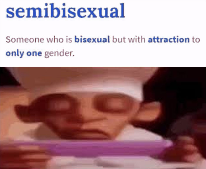 Definition of semibisexual with a confused animated character, illustrating unhinged images that caught people off-guard.