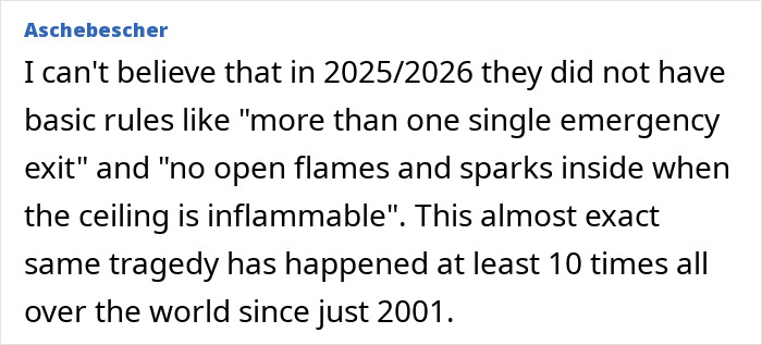 Comment discussing lack of emergency exits and fire safety rules related to Swiss bar fire waitress claims.