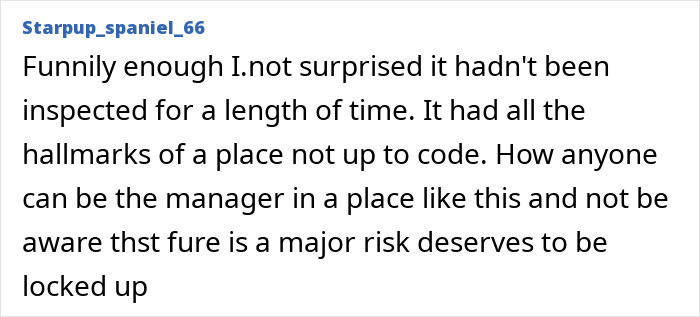 Comment discussing lack of safety inspections and fire risk at a Swiss bar from a waitress who escaped the fire.