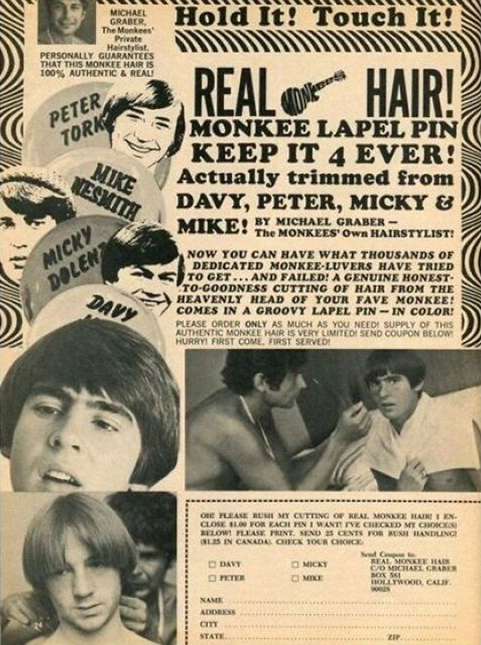 "Real Hair! Actually Trimmed From Davy, Peter, Micky & Mike" But It Doesn't Say From Their Heads