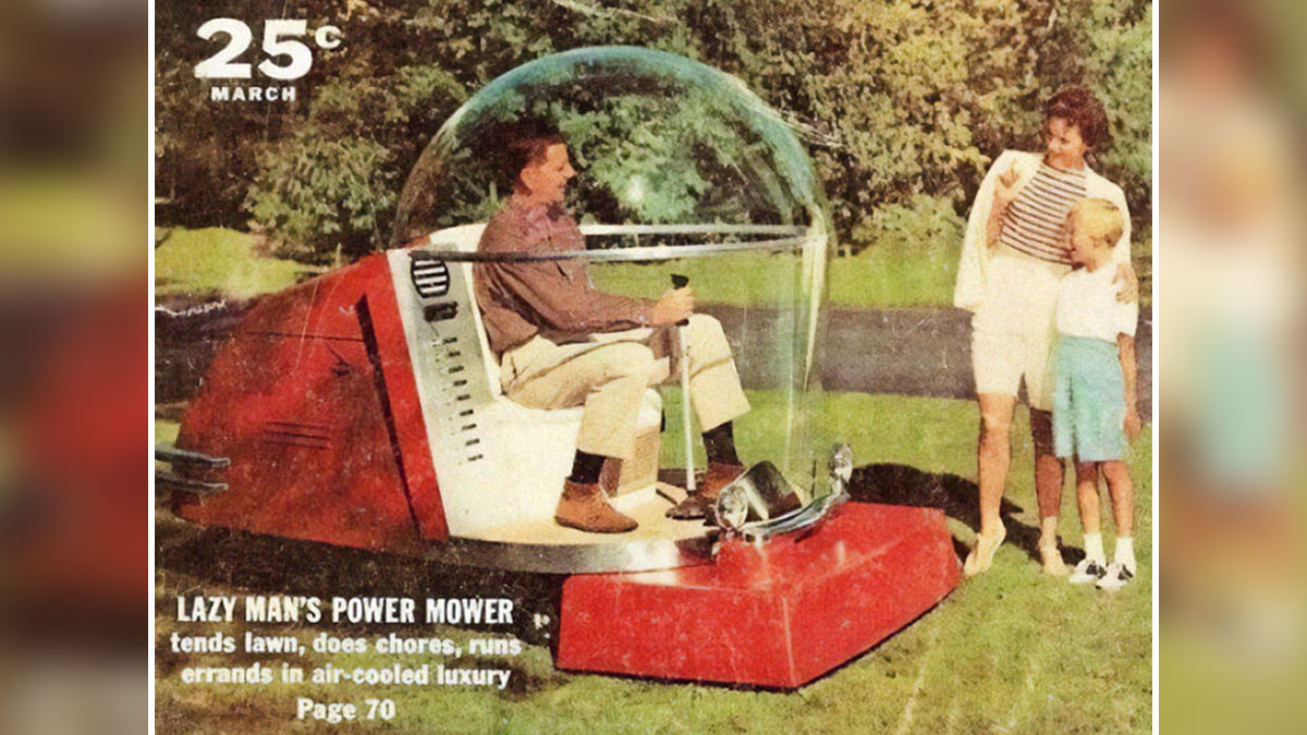 Man in bubble cockpit on red retro lawn mower with woman and child watching, weird vintage posters