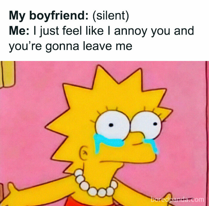 Lisa Simpson crying with text about feeling like annoying boyfriend, a loving meme to send to your girlfriend to feel appreciated.