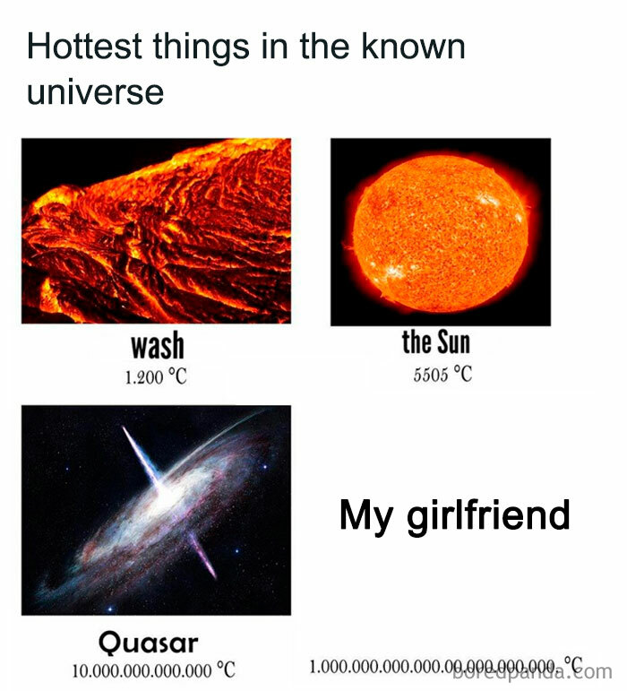 Meme comparing hottest things in the universe including wash, the Sun, quasar, and a loving girlfriend.