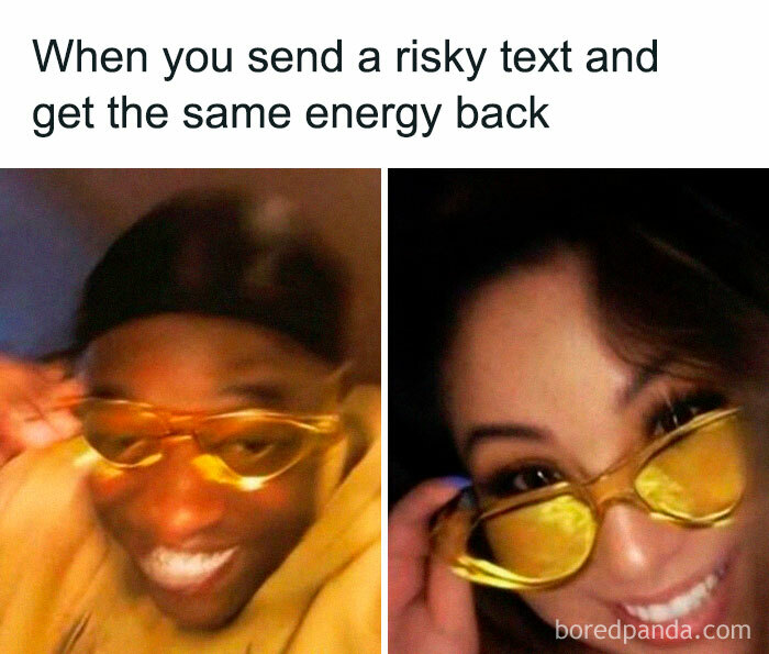 Two people wearing yellow-tinted sunglasses with happy expressions, perfect loving memes to send to your girlfriend.