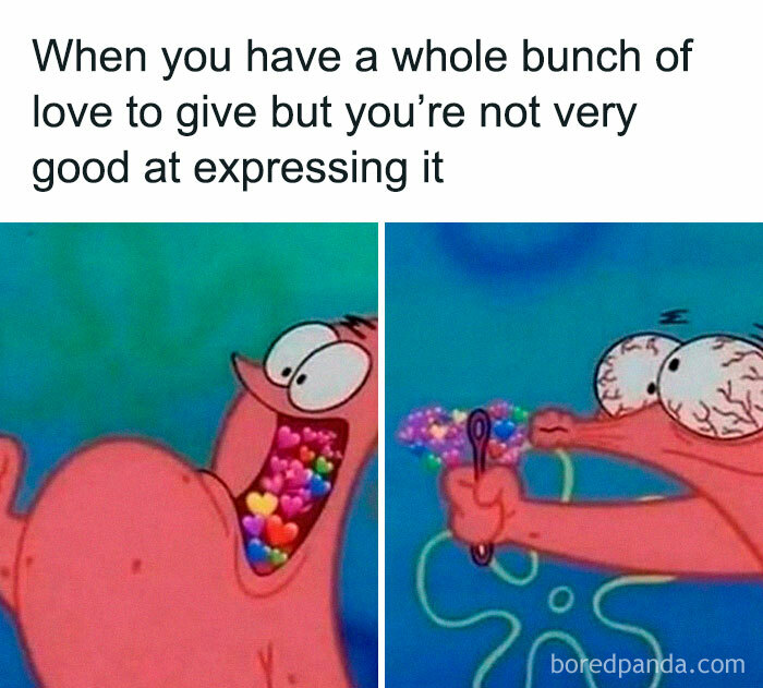 Cartoon character struggling to express love with colorful hearts, a loving meme to send to your girlfriend.