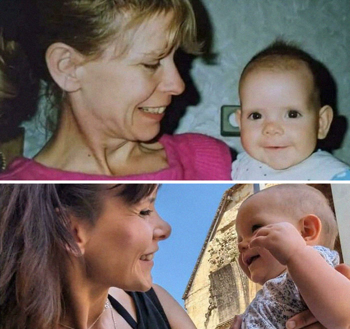 Wholesome photos: side-by-side images of a woman and baby then and now sharing warm smiles.
