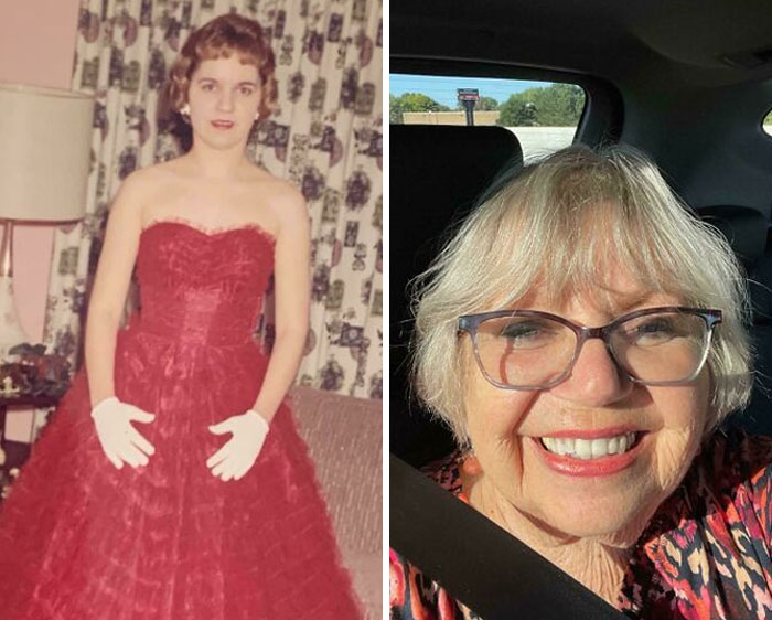 Wholesome Photos showing side-by-side before and after: young woman in red formal dress and smiling older woman with glasses