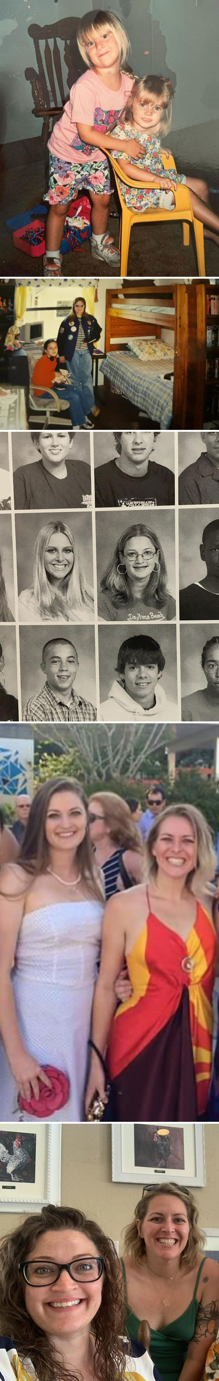Wholesome photos collage of two women across childhood, school years, and adulthood smiling together
