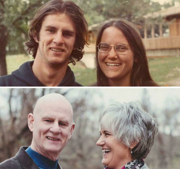 Wholesome photos of a young couple smiling outdoors and the same couple decades later laughing together, showing life journey