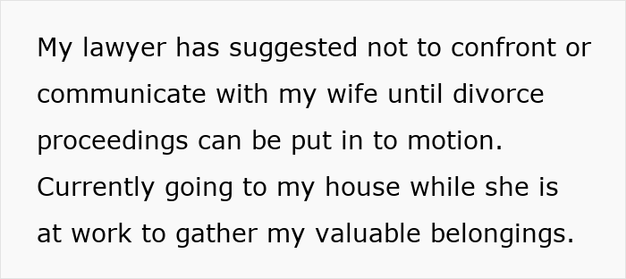Text message about lawyer advice to avoid contact with wife until divorce, planning to retrieve belongings secretly.