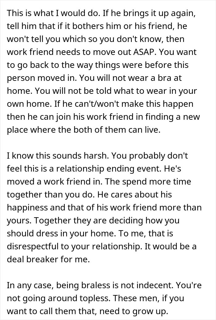 Advice text discussing how a woman never wears a bra at home and how it bothers her husband and his work friend.