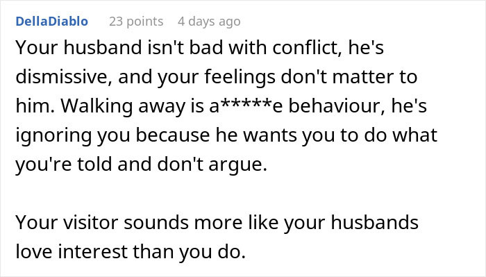 Comment discussing a husband becoming bothered by his wife not wearing a bra at home and their relationship conflict.